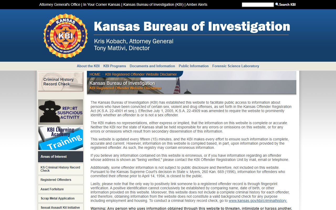 Stevens County arrest records and court charges Kansas KBI offender registry source