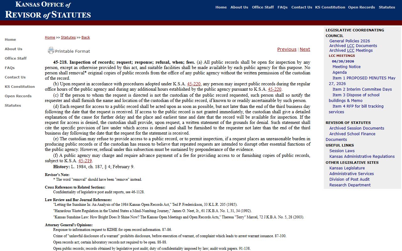 Stevens County court records Kansas public inspection response statute