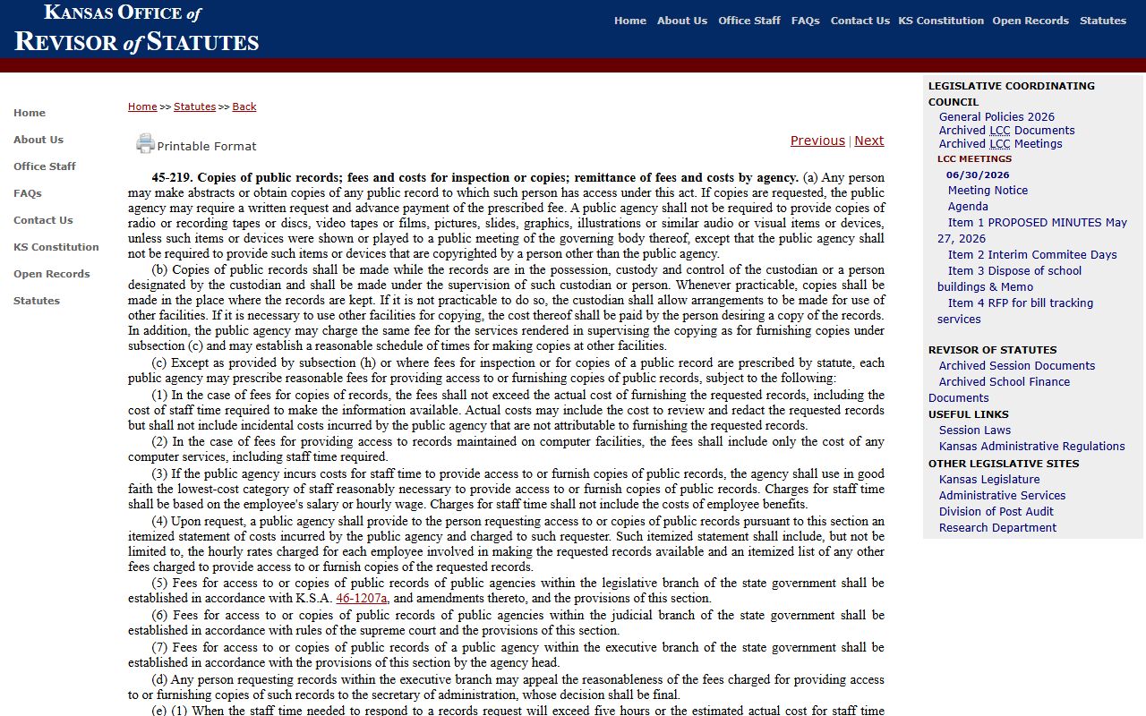Stevens County court records Kansas copy fee statute
