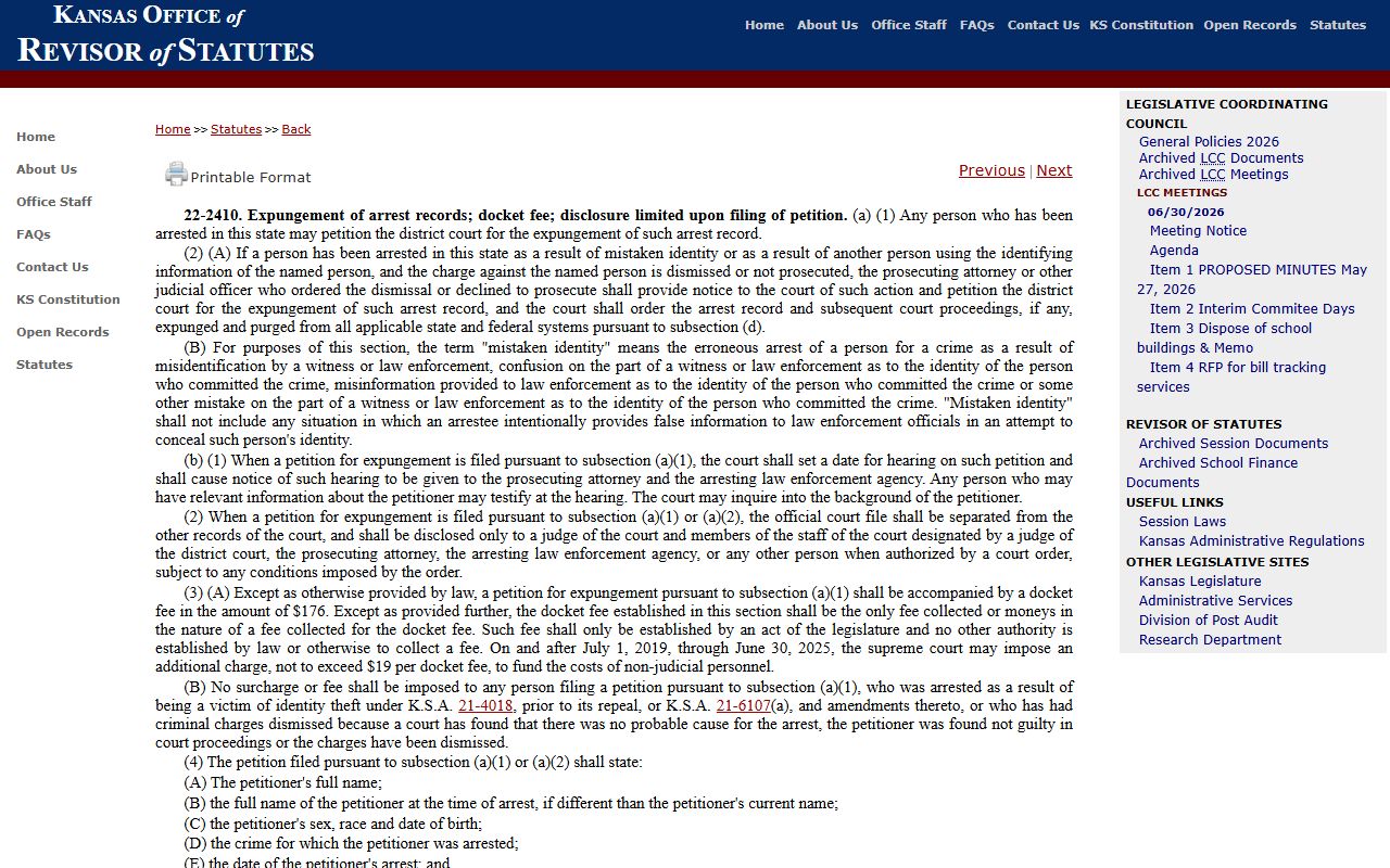 Stevens County criminal court records Kansas arrest expungement statute