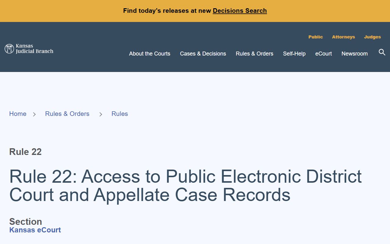 Stevens County court records Kansas Rule 22 electronic access