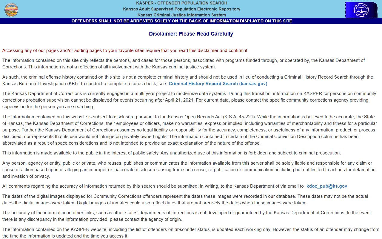 Stevens County inmate records KASPER offender search disclaimer