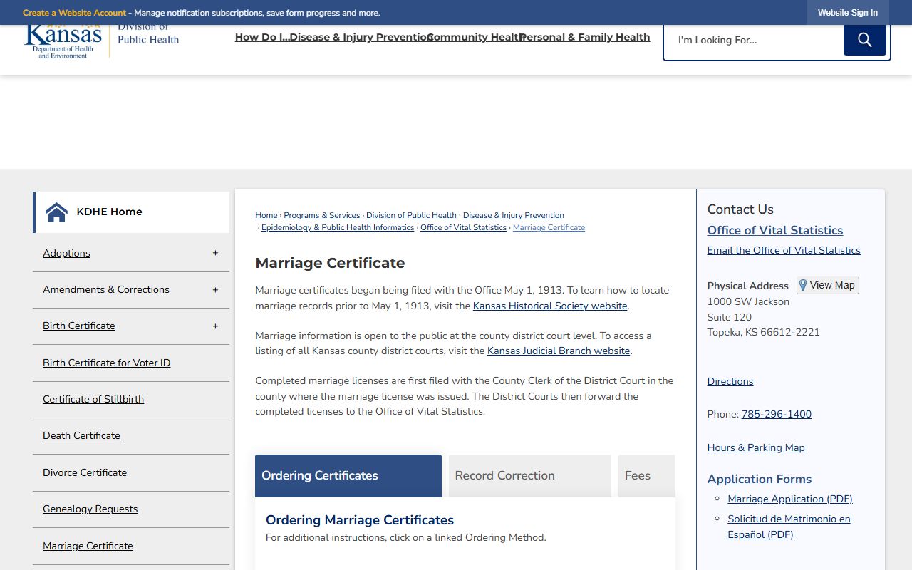 Stevens County marriage records KDHE marriage certificate page