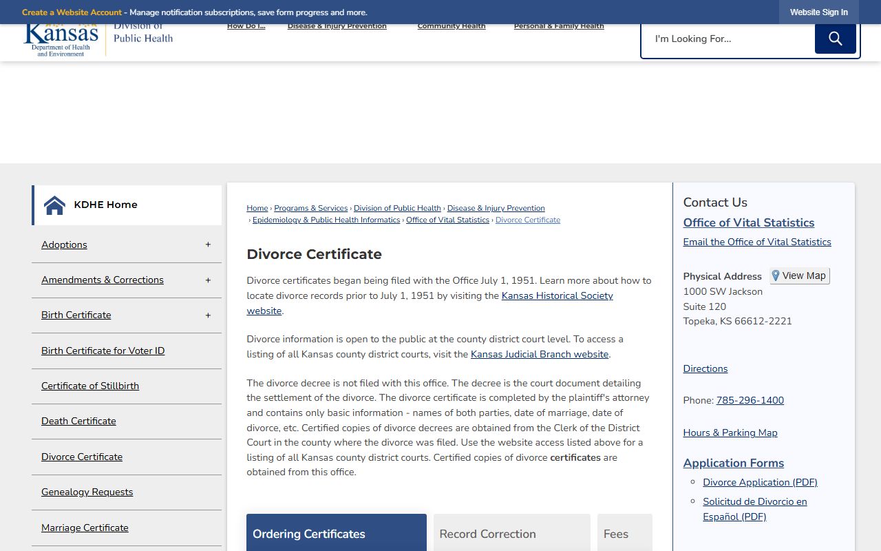 Stevens County divorce records KDHE divorce certificate page